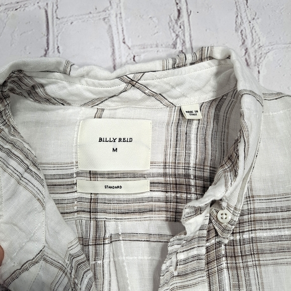 Billy Reid White And Brown Windowpane Tuscumbia Linen Long Sleeve Shirt - Picture 4 of 6